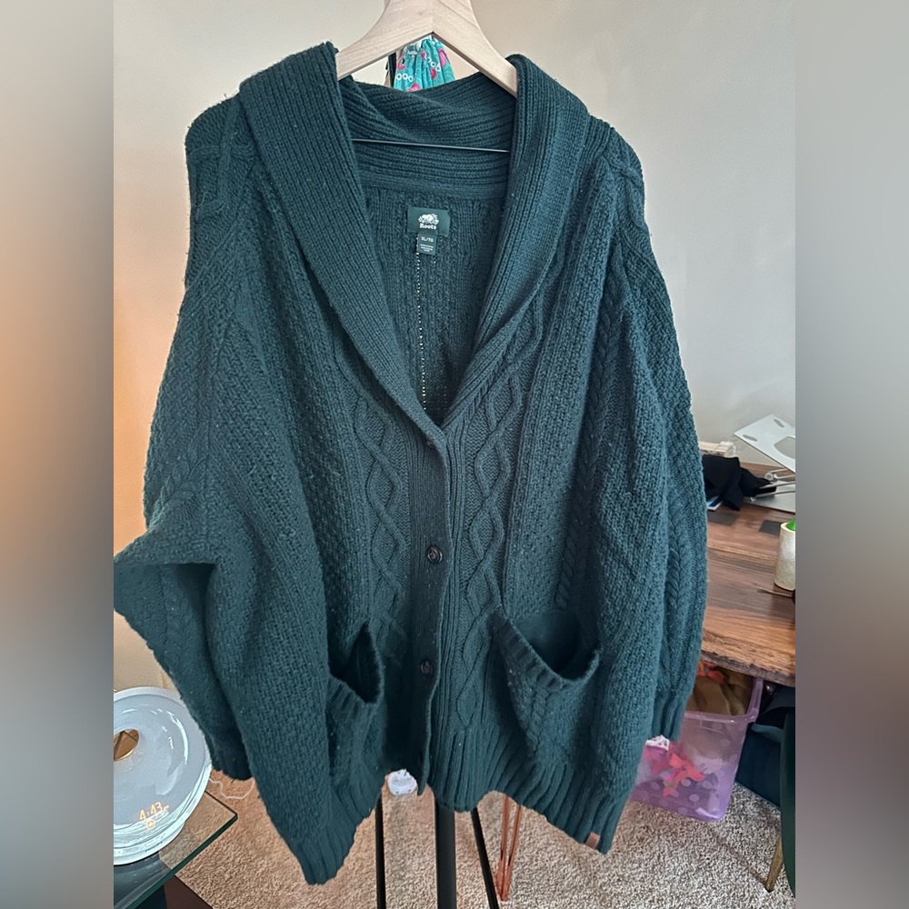 Roots Dark Green Wool Cable Knit Cardigan